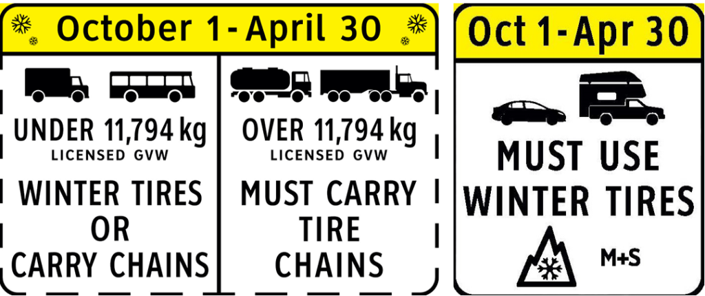 BC winter tire and chain-up route signs showing seasonal tire and chain requirements for different vehicle types.